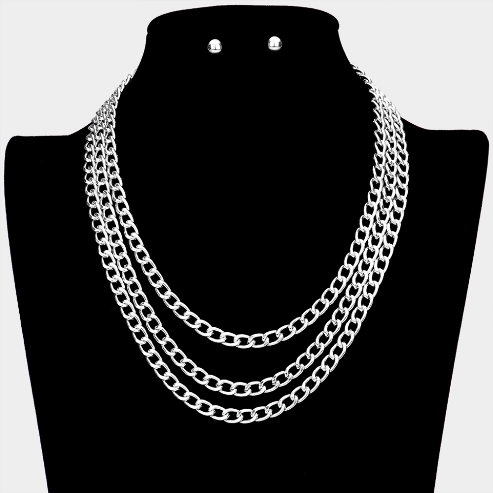 Silver Triple Layered Necklace Chain Simple Chic Casual Metal Link Jewelry Set